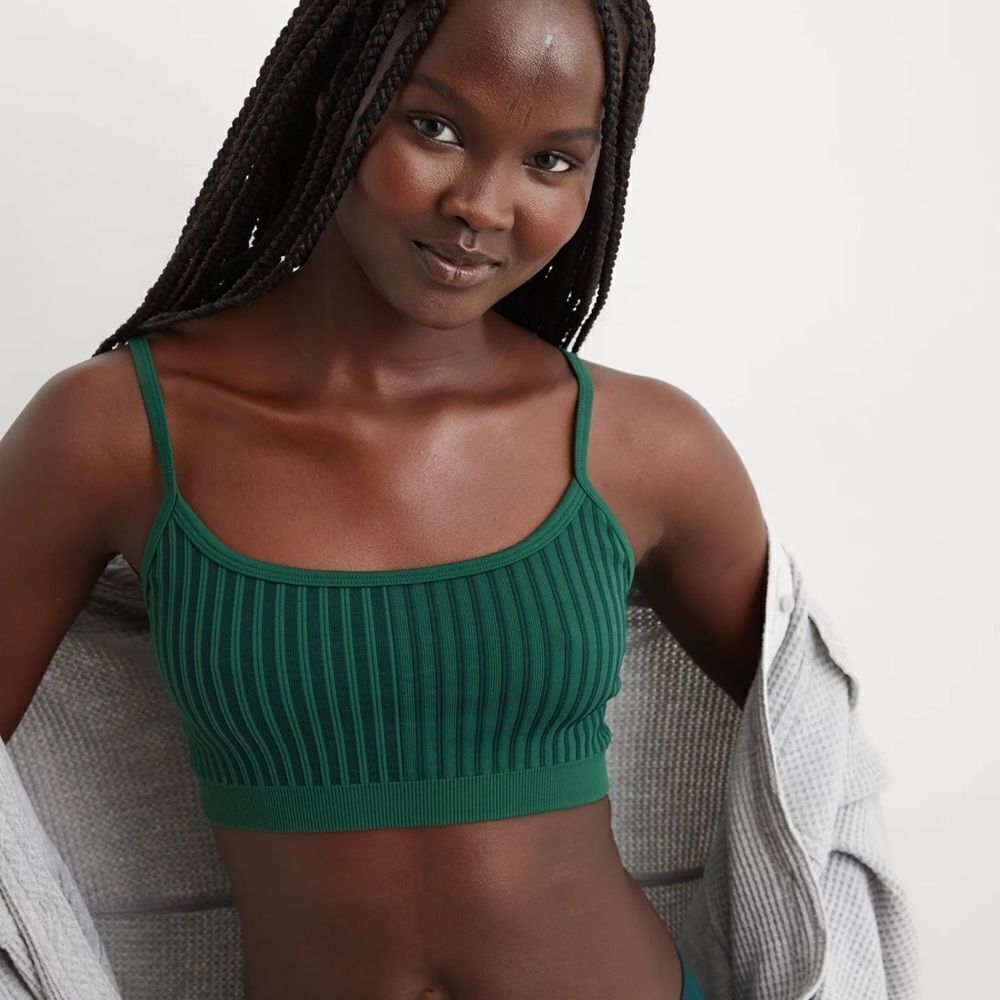 Aerie Superchill Seamless Ribbed Scoop Bralette Deep Forest Green XS